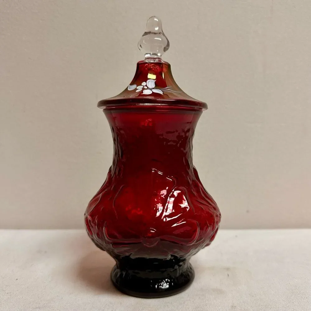 Vintage Ruby Red Glass Apothecary Jar Candy Jar with Lid Handpainted Florals